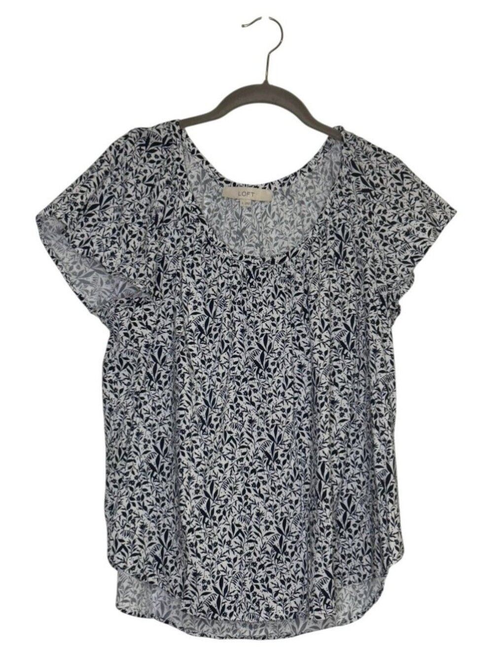LOFT White Short Sleeve Top With All Over Navy Floral Design - Size M